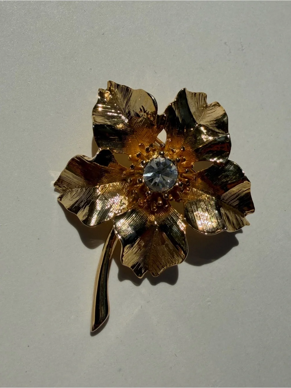 Gold Flower Brooch with Clear Crystal Center - New View